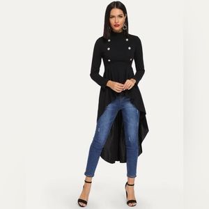 EMERY ROSE Mock Neck Double Breasted Dip Hem Peplum Top